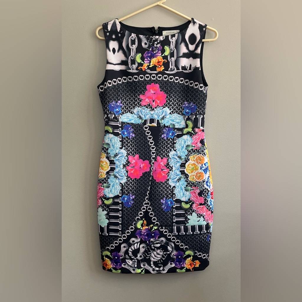 Nicole Miller Artelier Black/Pink Nuts And Bolts Floral Sleeveless Dress 6 New